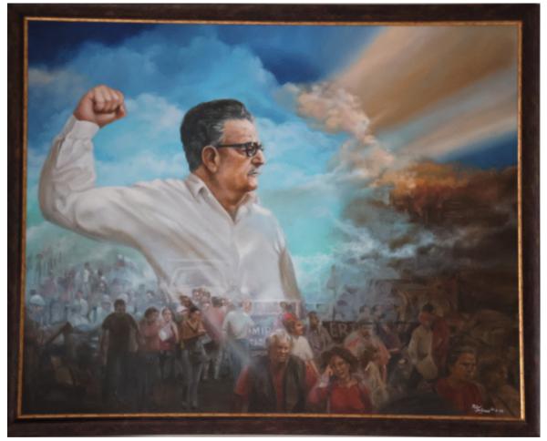 History is Ours painting by Rafael de Armas. Portrait of Salvador Allende with raised in fist a appears in the sky with sunlight breaking through clouds. 