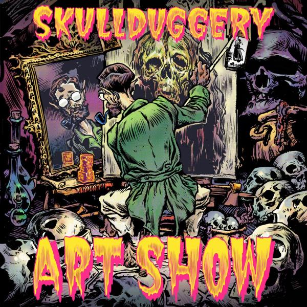 Poster for Skullduggery art exhibition. Poster artwork by Jeremy Bennett.