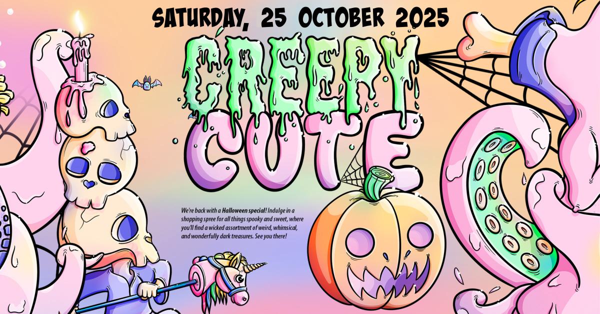 Creepy Cute market poster. Features pastel skeletons and a pumpkin
