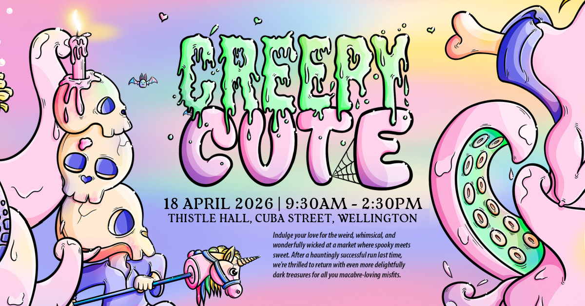 Creepy Cute market poster feature pastel cartoon-like illustrations of skulls, unicorns and octopus legs  