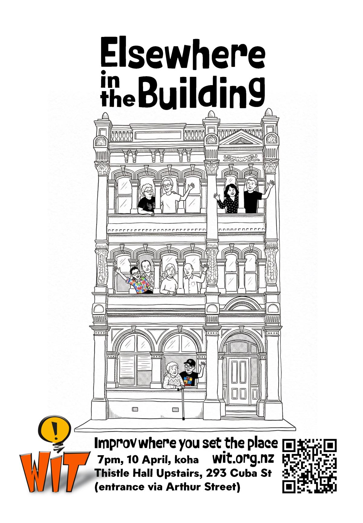 Black and white line drawing of a 3 story old building for Elsewhere in the Building event