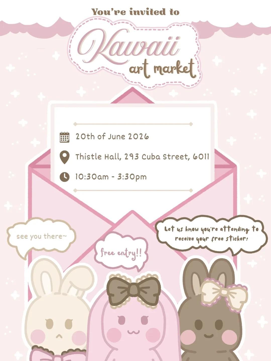 Kawaii market poster is pastel pink with 3 cute cartoon rabbits with bows standing infront of an envolope
