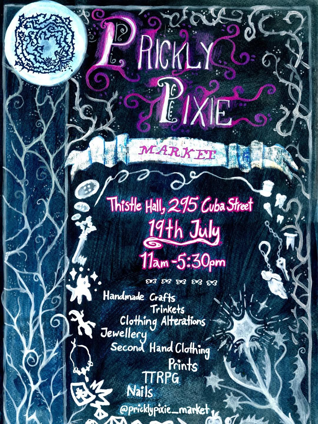 Hand painted poster for Prickly Pixie Market