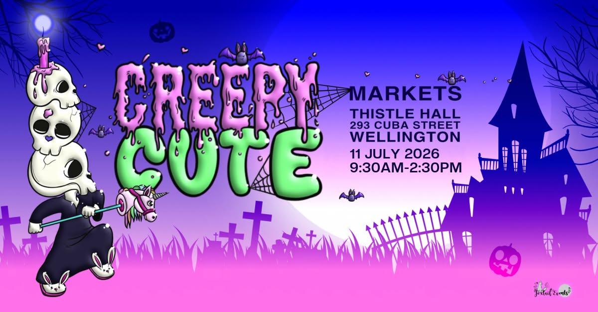 Creepy Cute market poster feature pastel cartoon-like illustrations of skulls, unicorns and octopus legs