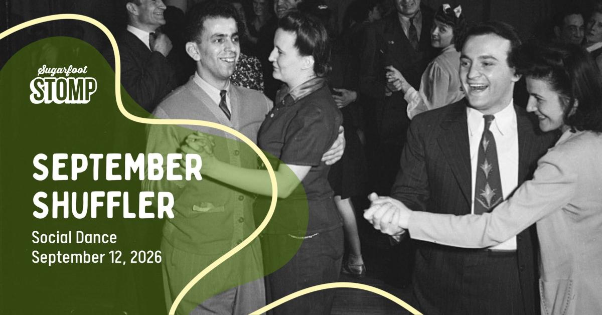 September Shuffler poster with a black and white photo of people dancing in duos and smiling