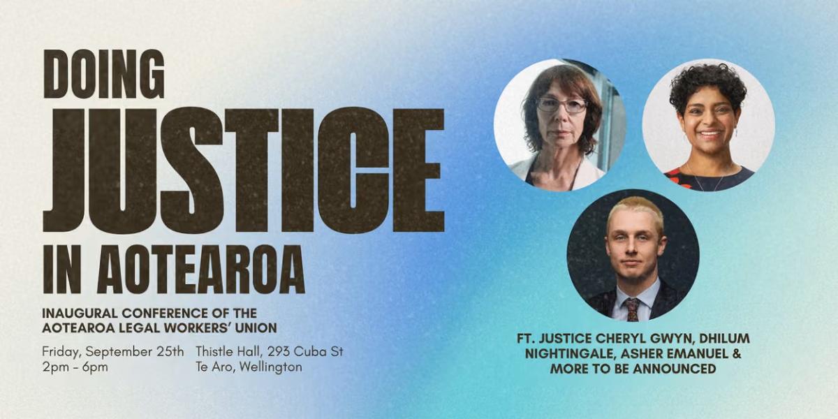 Doing Justice In Aotearoa flyer with headshots of 3 people and text about the event