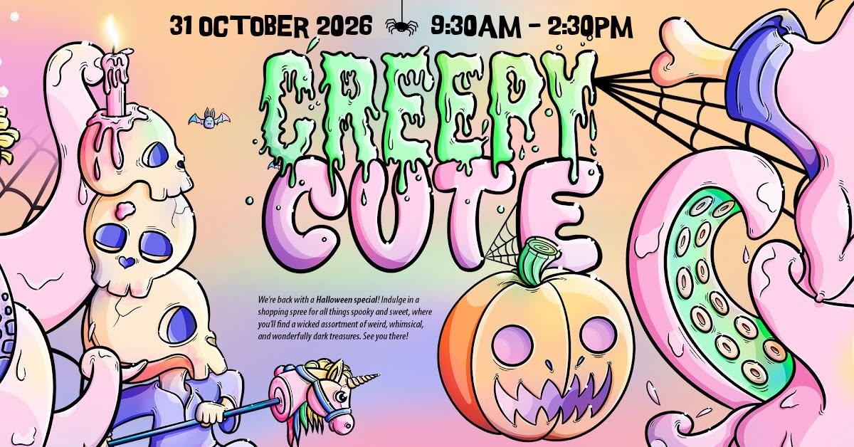 Pastel cartoon octopuses and skulls across the poster for Creepy Cute's Halloween Market with pumpkins and cobwebs 
