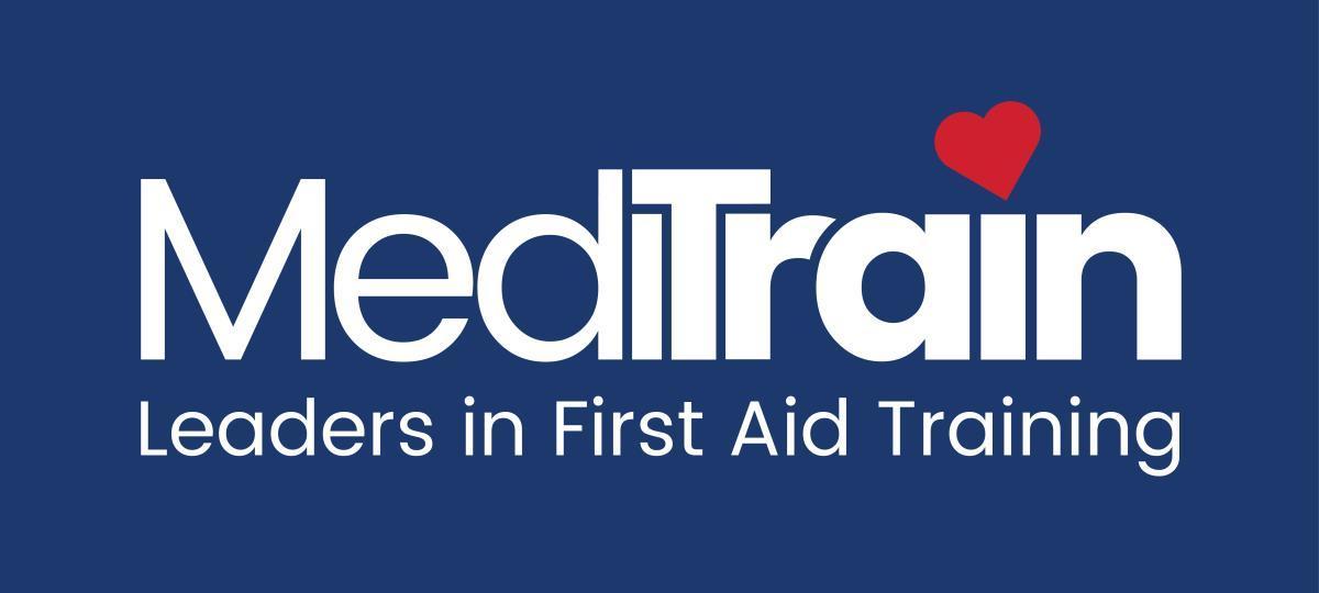 MediTrain's simple logo in white against a blue blackground