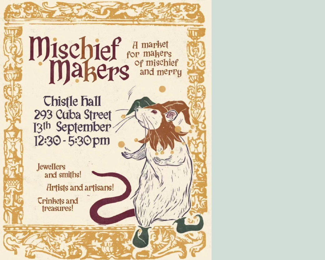 Mischief Makers Market medieval-style poster with an illustration of a rat wearing a jesters hat