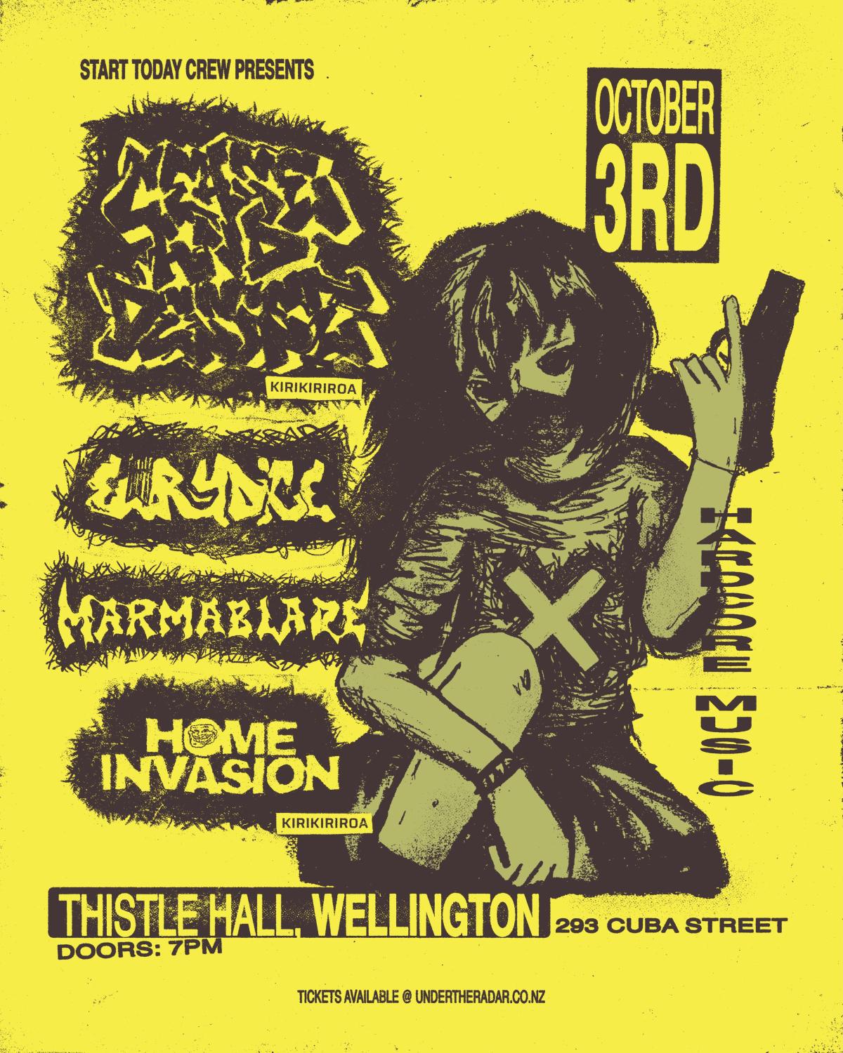 A hand drawn cartoon girl sits casually with a mask on and a gun pointing upwards. Hand sketched hardcore logos cover the poster with a yellow background