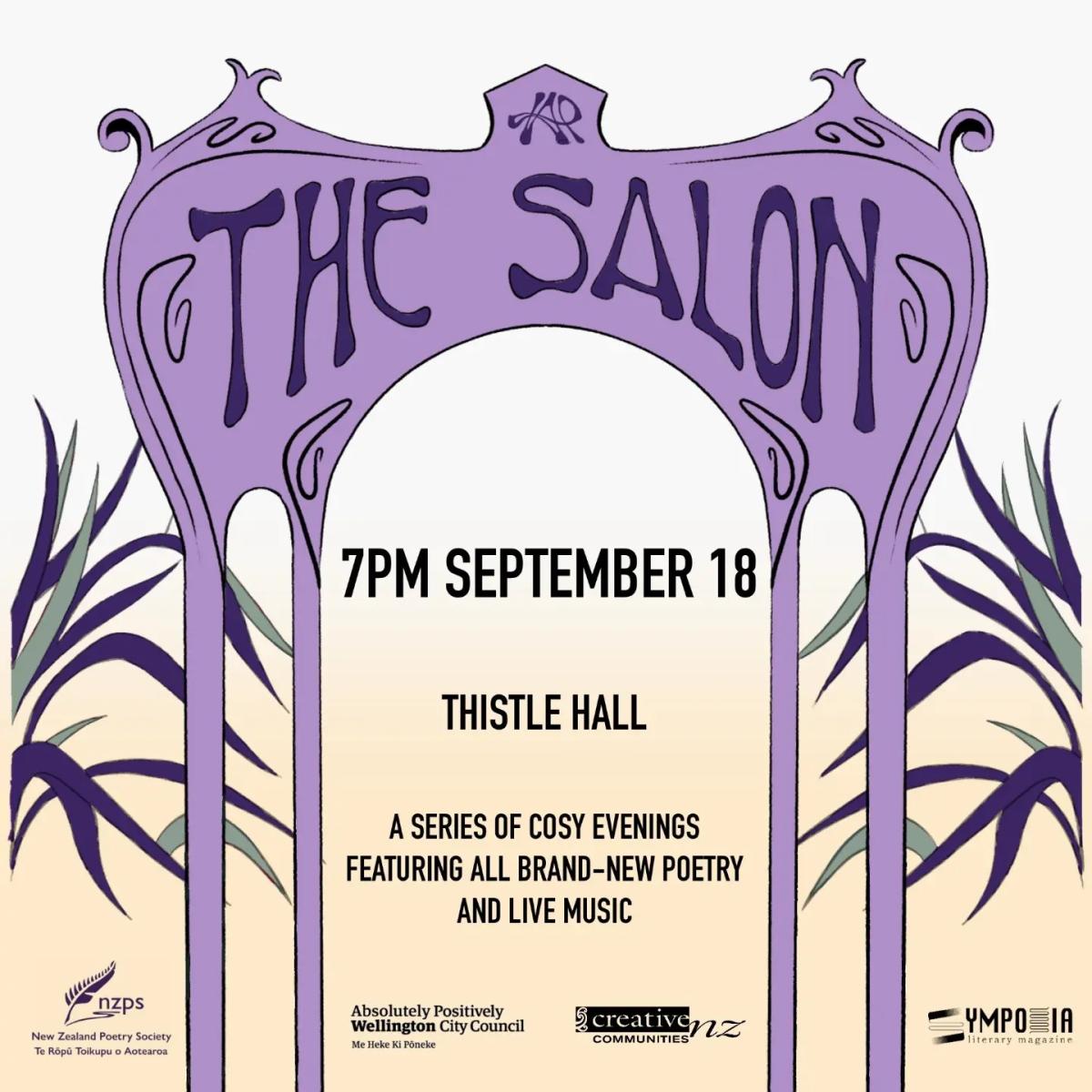 Poster for The Salon event featuring a pastel purple archway with art deco writing