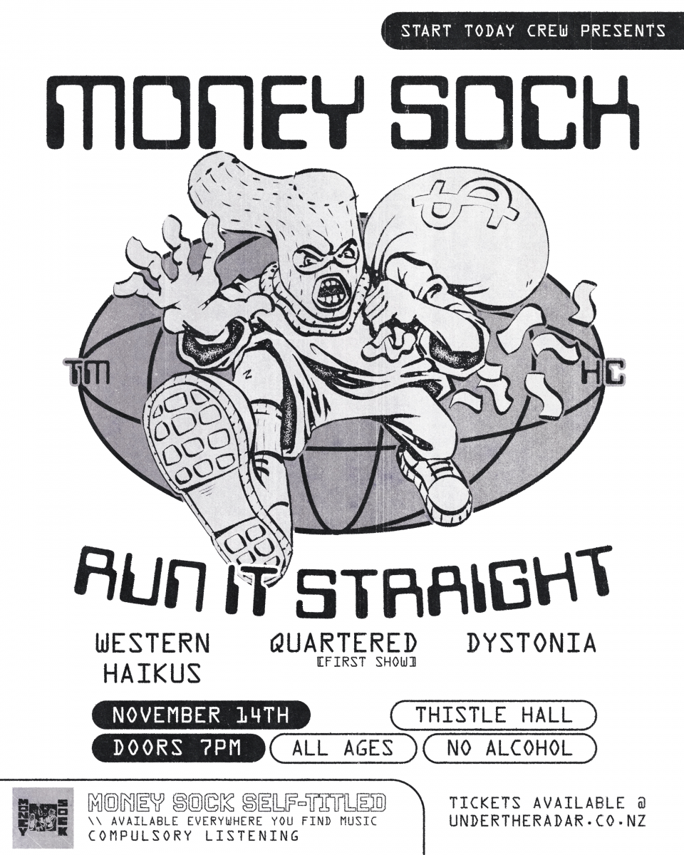 Start Today poster with black and white illustration of a cartoon bank robber bursting out of the page