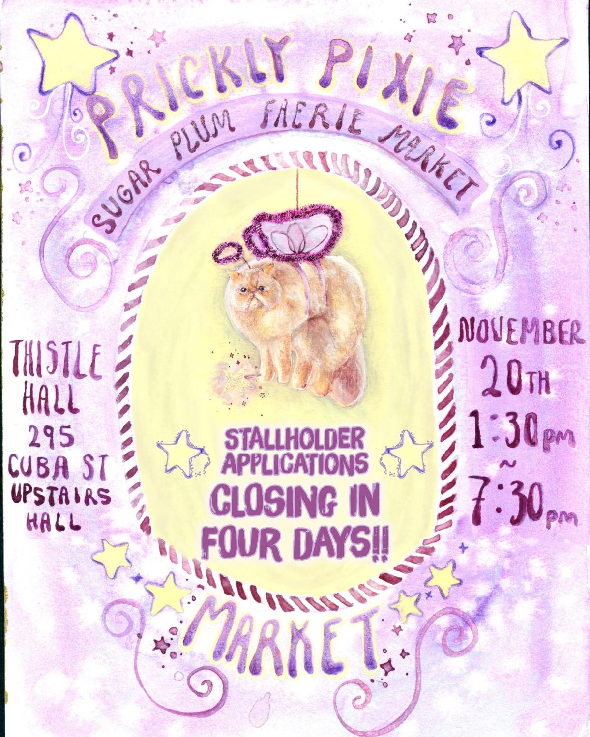 Hand painted watercolour poister with a cat with fairy wings