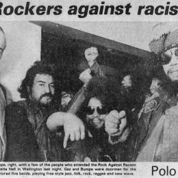 Gaz (left) and Bump(right) manned the door at 'Rock against Racism', featured on the front page of the Dominion, 3rd July 1981.