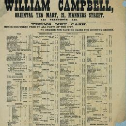 Pricelist for William Campbell's first Oriental Tea Mart on Manners Street.