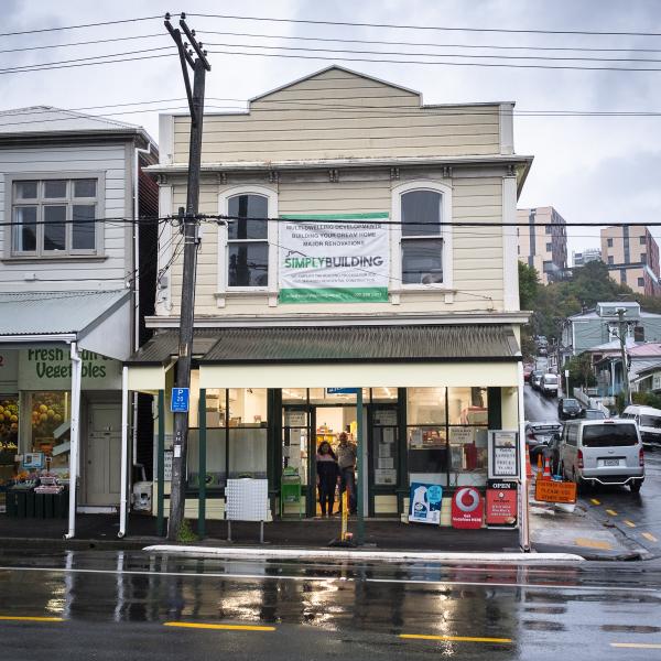A photograph of a shop in Aro Valley from the Walking in the Valley exhibition by Mark Beehre that showcases Aro Valley.