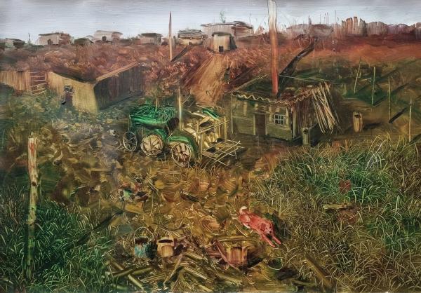 A detailed and earthy painting by Nong Shao Hua of a field and tractor