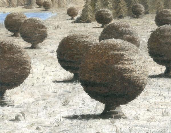 A painting of circular brown trees, dotted accross a beige landscape