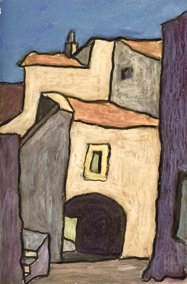 An expressionist painting of Mediterranean buildings by Marcel Baaijens titled Capistrano