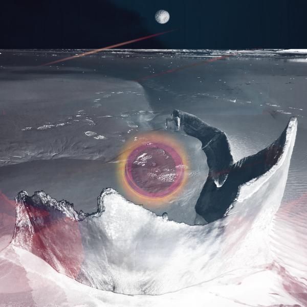 An abstract dream-like image with a skull of a whale, footprints in the sand and the moon in the background