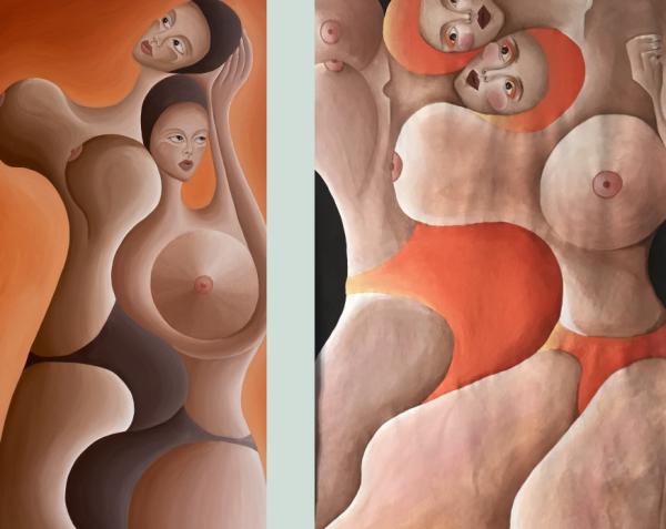 Paintings by Frankie Berge. Nude figures expressing the queer sacred feminine via exaggerated curves, glowing orange tones, and larger than life scale. 