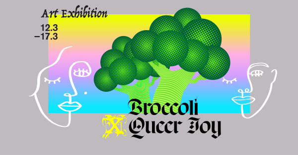 Broccoli X Queer Joy poster. Simplified broccoli on a dreamy lilac and pastel rainbow background.
