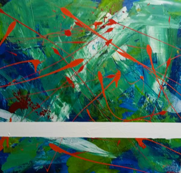 Abstract painting by Amanda Wales. Jewel-toned greens and blues with bright splatters of scarlet