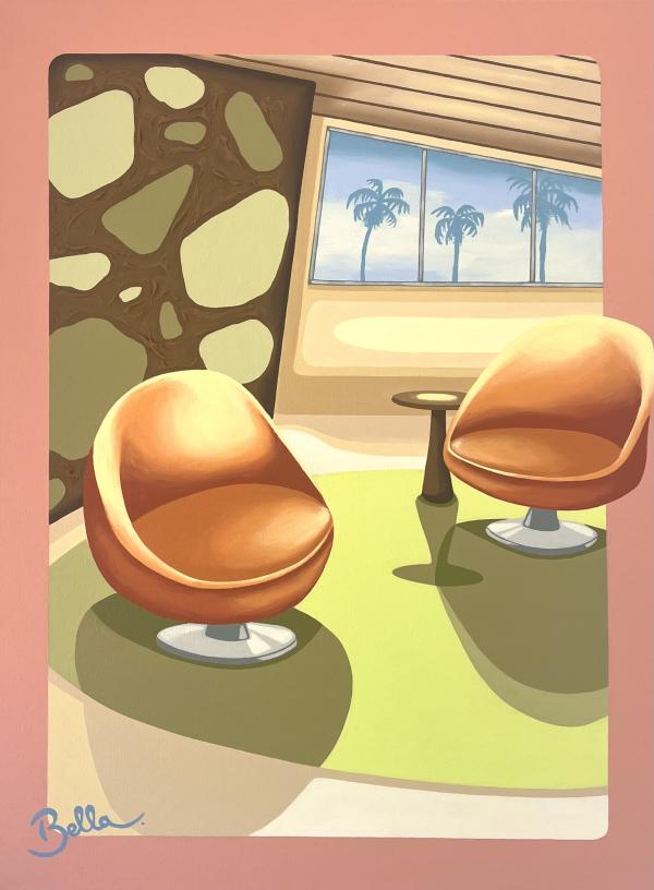 'California Sober' a painting by Bella Foster. Inside a mid-century modernist house. Smoothly applied paint in a warm neutral tones, green and orange depicts a pair of retro bucket seats. Outside the window palm trees stand in silhouette against a soft blue sky.