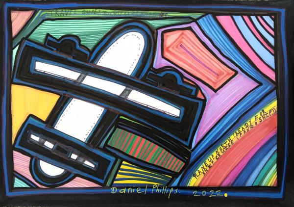 Black and white airplane made from bold simplified shapes flys above abstacted fields in rainbow colours. Artist Daniel Phillips. 