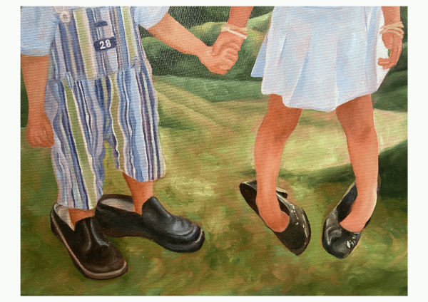 A painting by Grace O'Brien of two children holding hands and standing in adult shoes. 