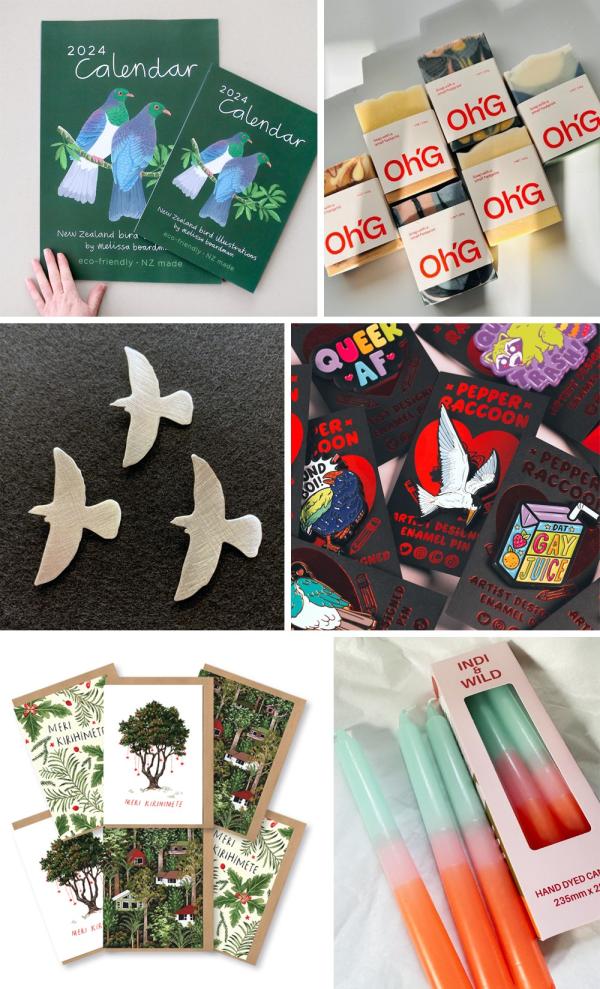 Some of the many objects for sale - calendars, soaps, brooches and enamel pins.