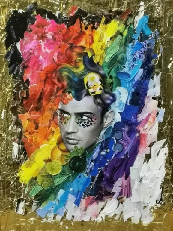 Collage art by James Graves. Swoon-worthy young man in black and white is surrounded by rainbow collage and gold leaf.