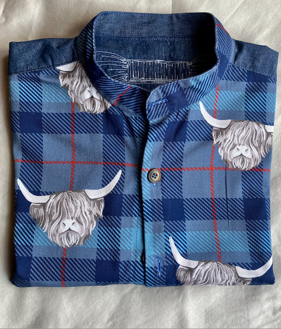 Check shirt printed with Highland Cattle heads. Handmade by James Harcourt.