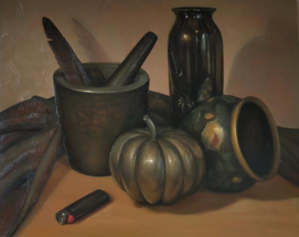'Back in Black' by Jonette Murray, a still painting of various objects on a surface