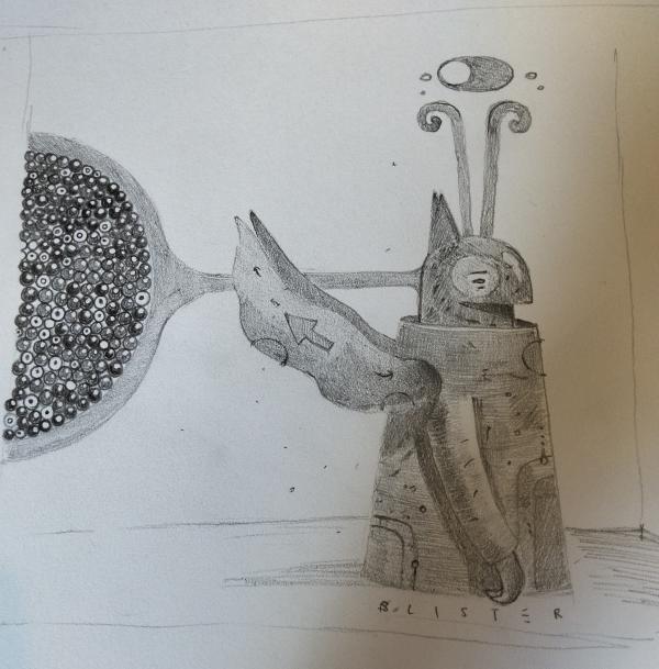 A detailed pencil drawing by Kim Stewart. A fantastic winged creature stands thigh deep in water, a many-seeded fruit sticks out from the back of it's head.