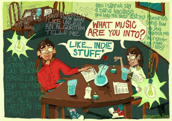 'Indie Stuff' illustration by Cheesin. Satrical take on young posers talking about music in a student flat.