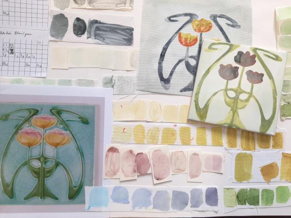 Design development by Textile Student Maggie Craig-Pearson. Sketches and colour swatches based on early 20th Century tiles from upper Cuba St shopfronts.