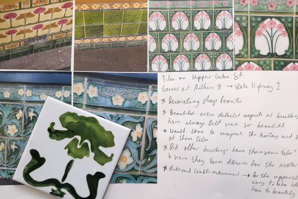 Design development by Textile Student Maggie Craig-Pearson. Photos and colour swatches based on early 20th Century tiles from upper Cuba St shopfronts.