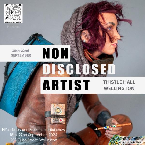 Poster for Non Disclosed Artist. Feature image is a realistic 3D model by Hajnalka Major. An elfin-faced person (complete with real hair and cloth cowl) sits cross legged and holding a sketching pencil.