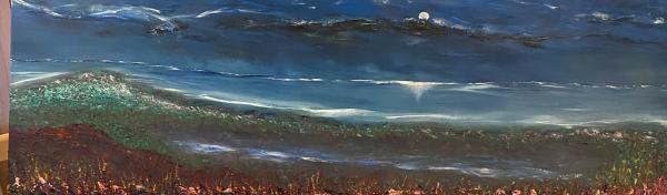 A gestural landscape painting of rough-looking terrain and a moon in the distance