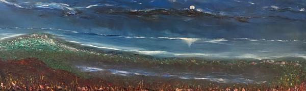 A gestural landscape painting of rough-looking terrain and a moon in the distance