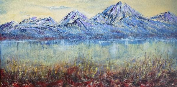 A gestural landscape painting of snowy mountains behind a lake
