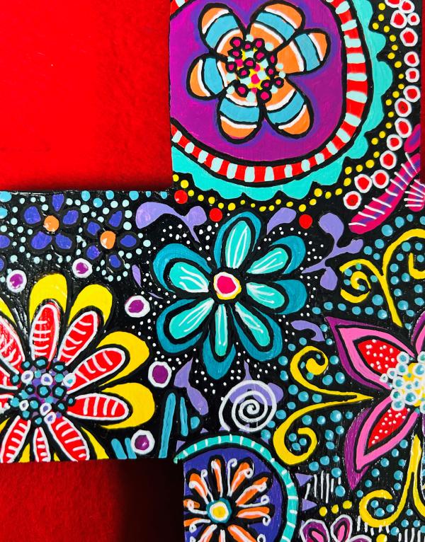 "Cross#1" detail of a bright, psychedelic painting by Sam Walker