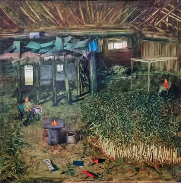 Spring Onion Seller, a detailed textured painting depicting a Spring Onion Field inside a large shed by Nong Shao Hua