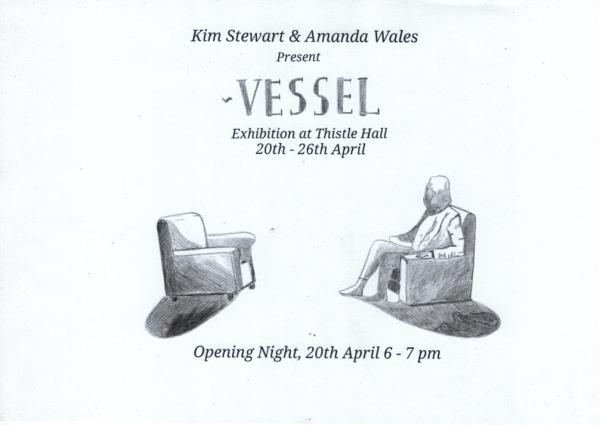 A hand-sketched image of a person on a chair with something over their head, with an empty chair opposite them