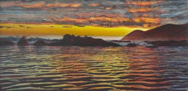 Landscape painting by Dan Wilkinson depicting a moody sunset