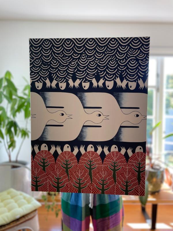 Prayer, Acrylic on canvas by Yae Takahashi. Patterned designs of birds and turtle-like animals, using traditional Japanese patterns